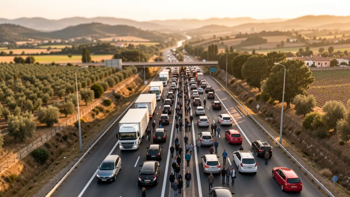 Aerial view of traffic on the AP-7 in Catalunya on a sunny day.