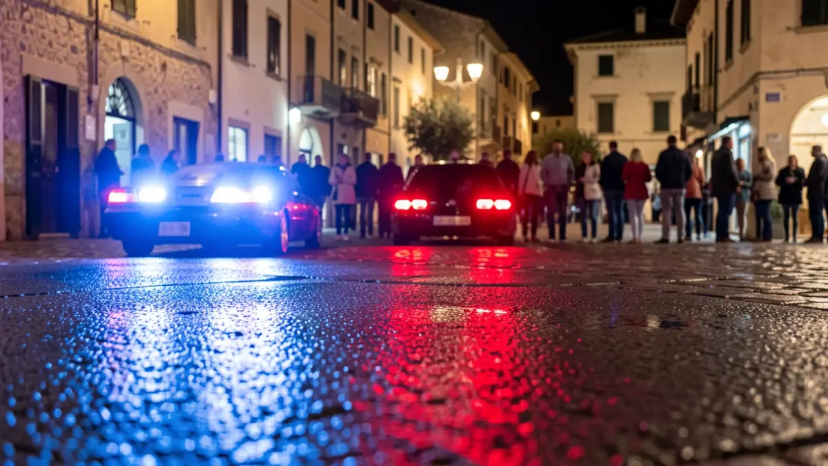 Imagen genérica de luces de emergencia policiales reflejándose en asfalto mojado.