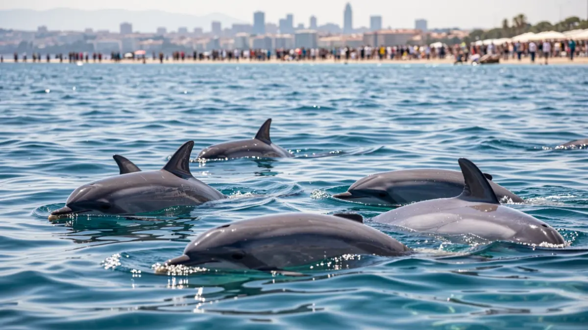 Fotografia de dofins nedant davant la costa de Barcelona.