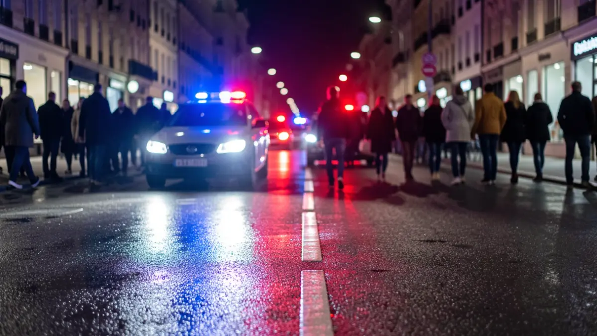 Generic image of police emergency lights reflecting on wet asphalt at night.