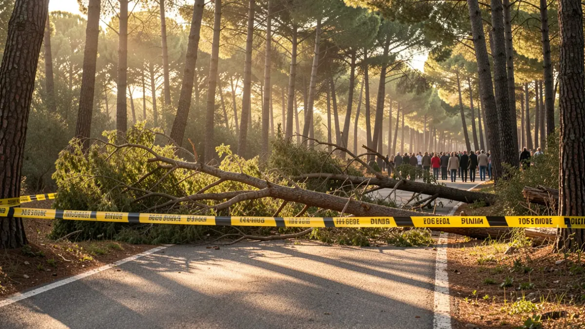 Generic image of two fallen trees blocking a road.
