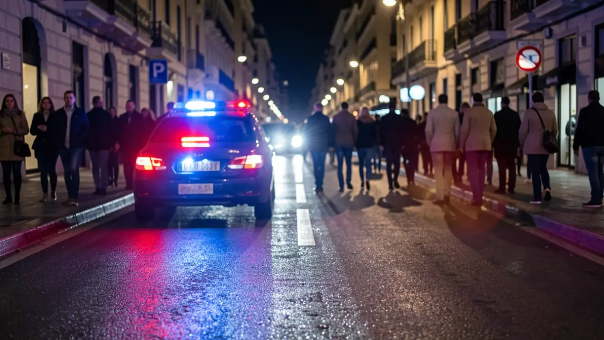Imagen genérica de luces de emergencia policiales reflejándose en asfalto mojado en Barcelona.