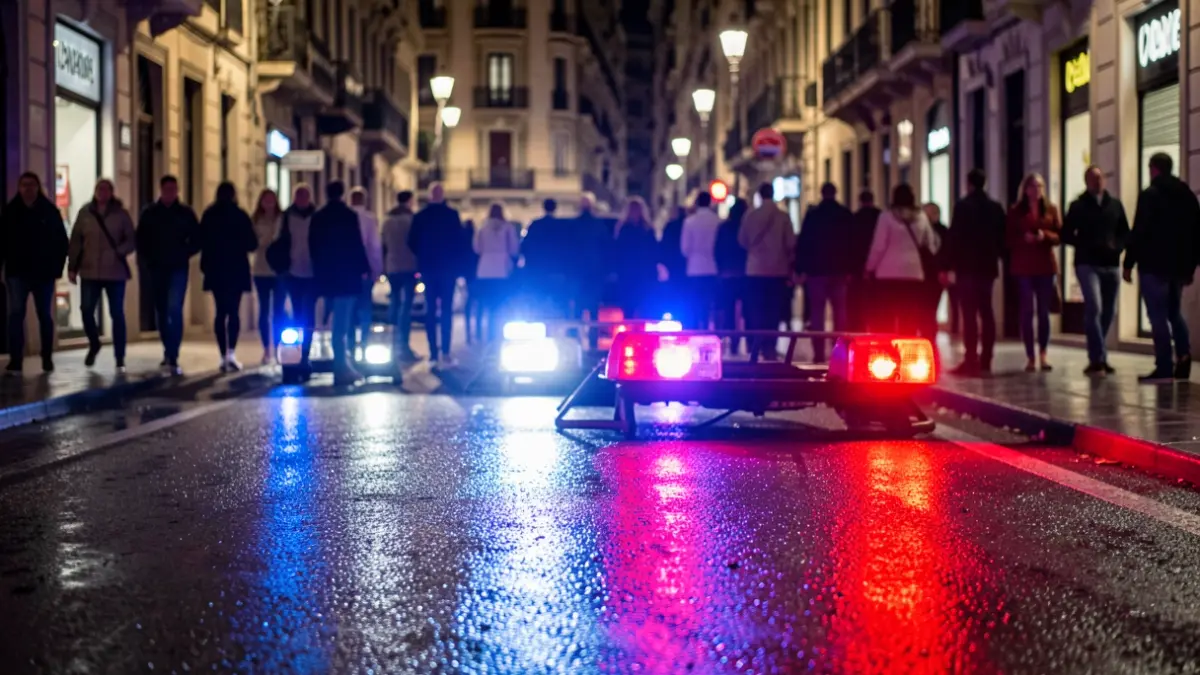 Imatge genèrica de llums d'emergència policials reflectint-se en asfalt mullat a Barcelona a la nit.
