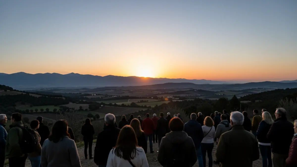 View of the western horizon at dusk with the sun low and mountains in the background.