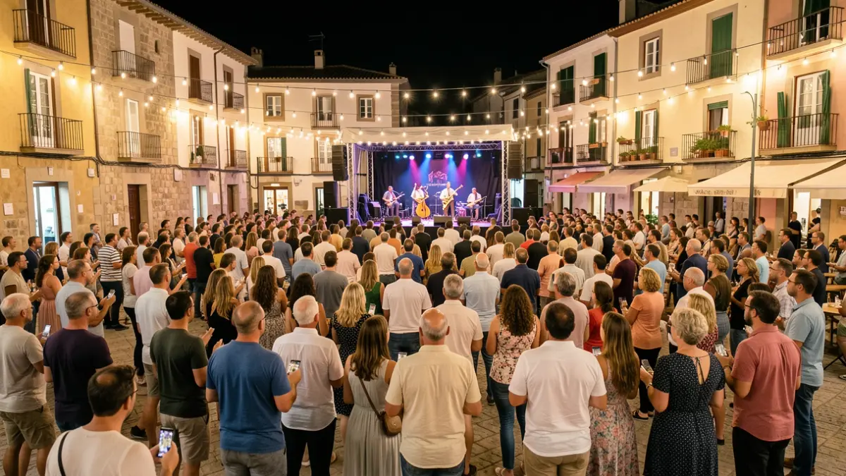 Generic image of an outdoor jazz festival at night in a Mediterranean town square.