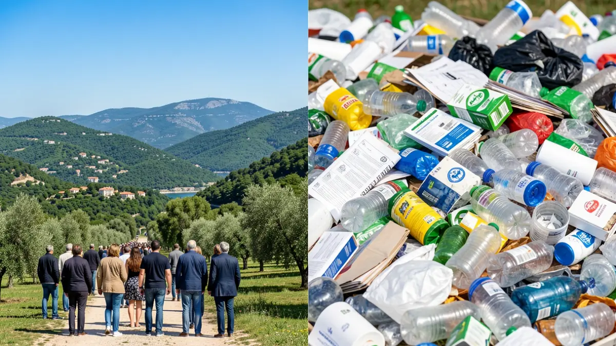 Imatge dividida: paisatge mediterrani net i piles de materials reciclables.