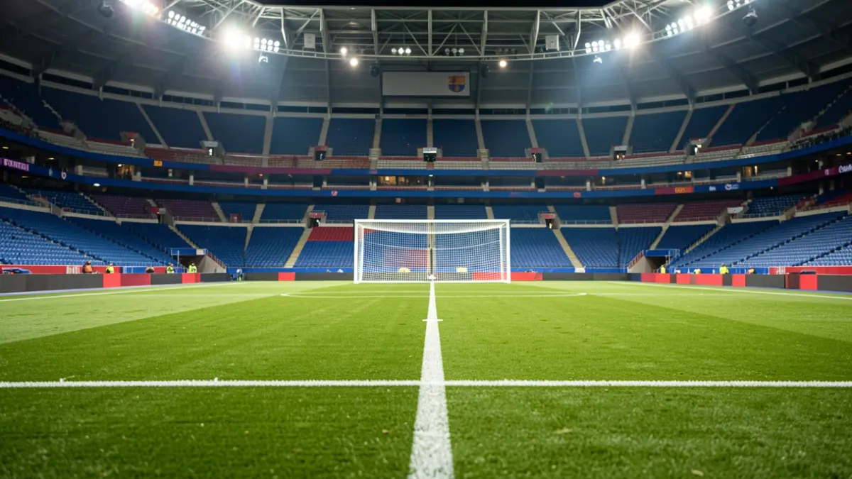 Generic image of an empty football pitch with green grass and goal net in the background.