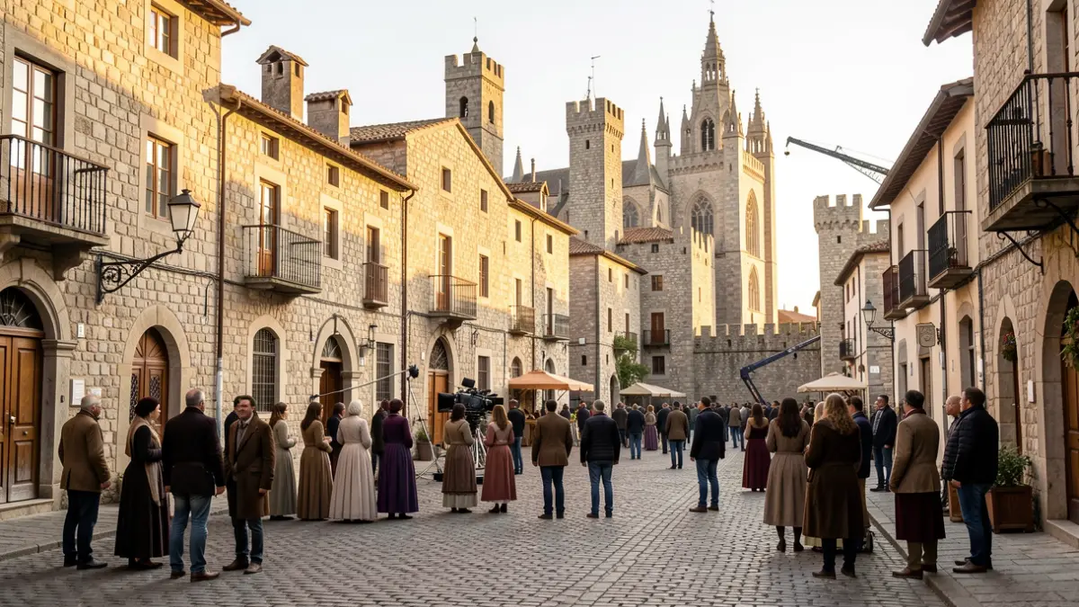 Escena genèrica d'un rodatge de cinema en un nucli antic medieval.