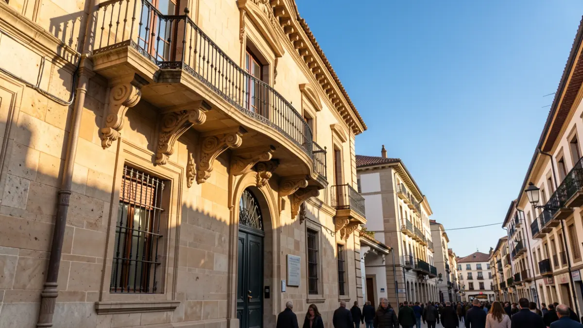 Stone facade of a town hall in Catalunya with a balcony and iron railings, warm afternoon light.