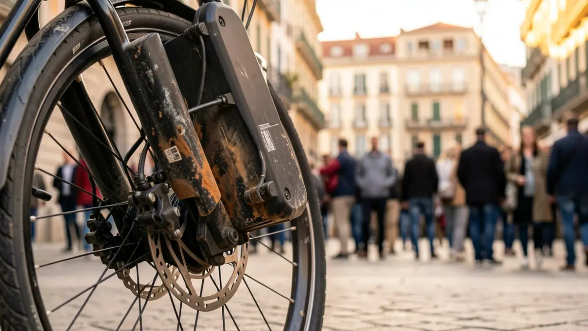 Bicicleta elèctrica del Bicing amb la bateria calenta, a Barcelona.