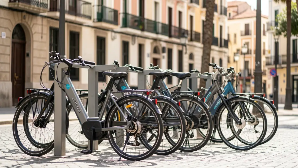 Estació de Bicing amb bicicletes mecàniques i elèctriques a Barcelona.