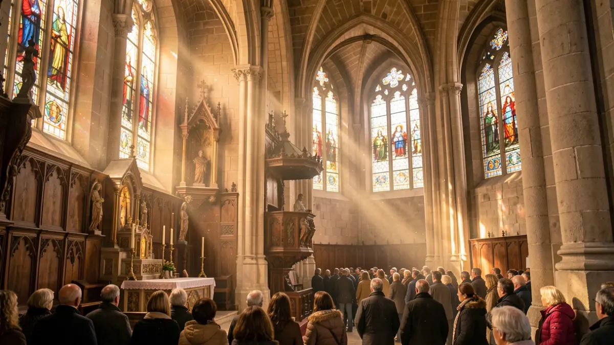 Interior de una iglesia de piedra en Catalunya con luz solar entrando por vidrieras.