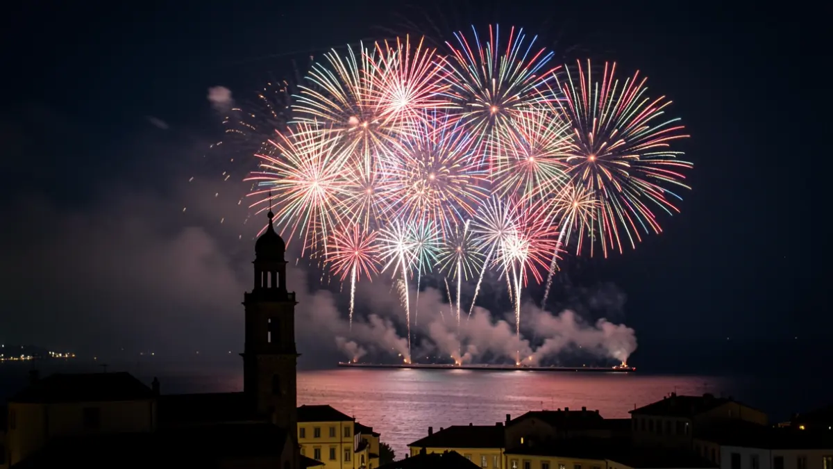 Castell de foc de Sant Bartomeu a Sitges amb la façana de l'església il·luminada per focs artificials.