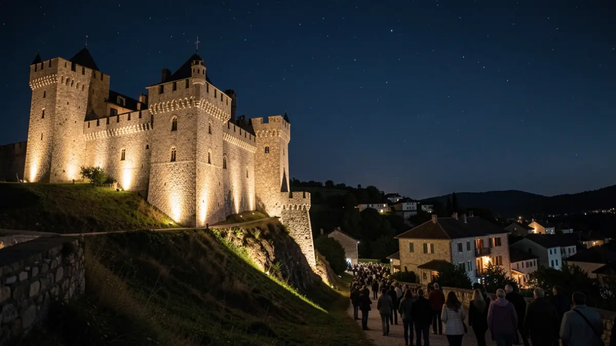 The Castle of Vilamaniscle illuminated at night.