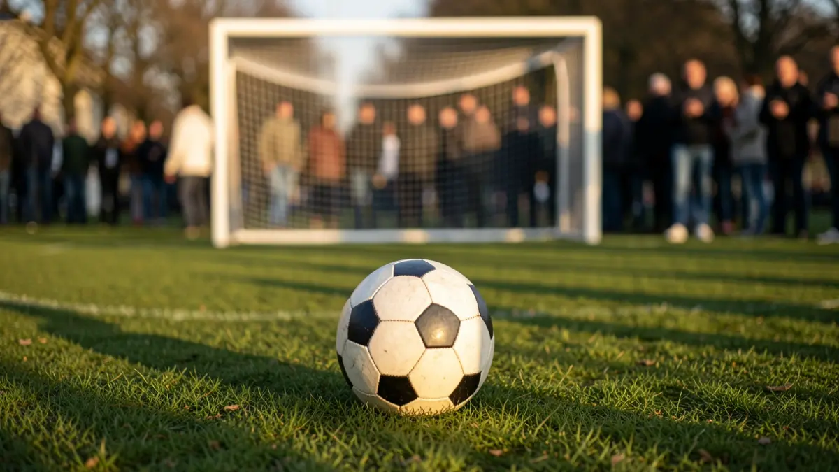 Soccer ball on green grass with a blurred goal net in the background.
