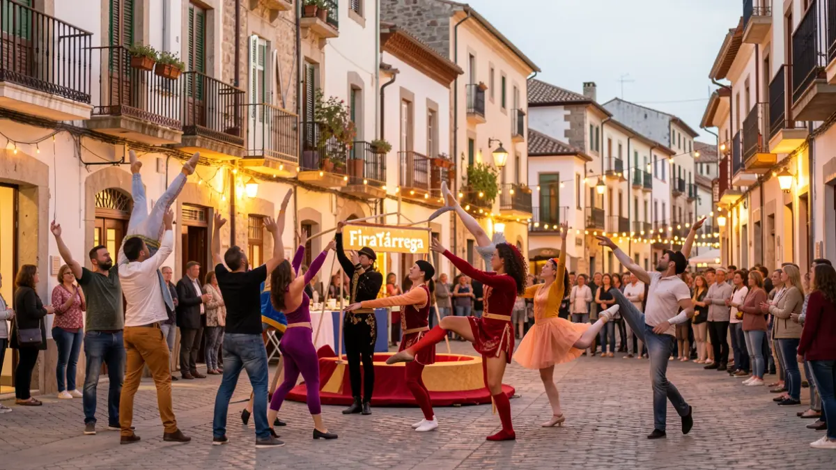 Escena de carrer vibrant a Tàrrega durant la FiraTàrrega amb artistes de circ i dansa.