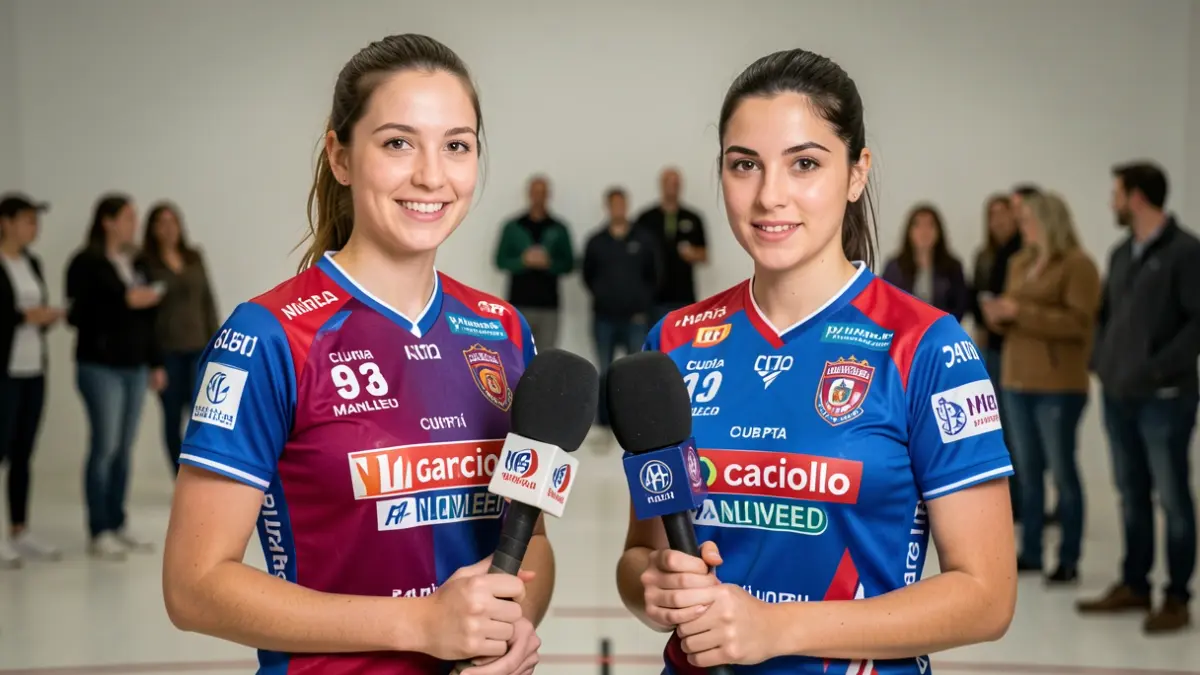 Two players from Club Patí Manlleu, Núria Garciolo and Mireia Codinach, before an interview.