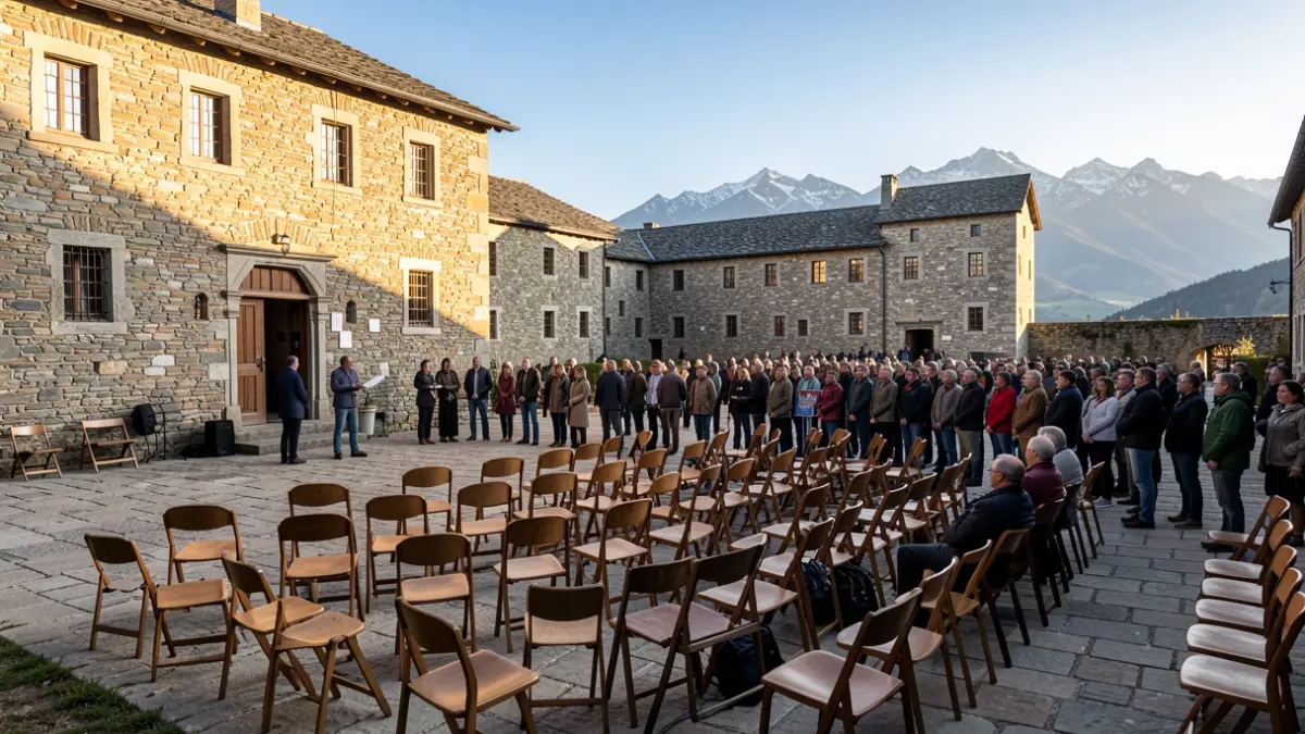 Imatge genèrica d'un monestir pirinenc amb cadires preparades per a un concert.