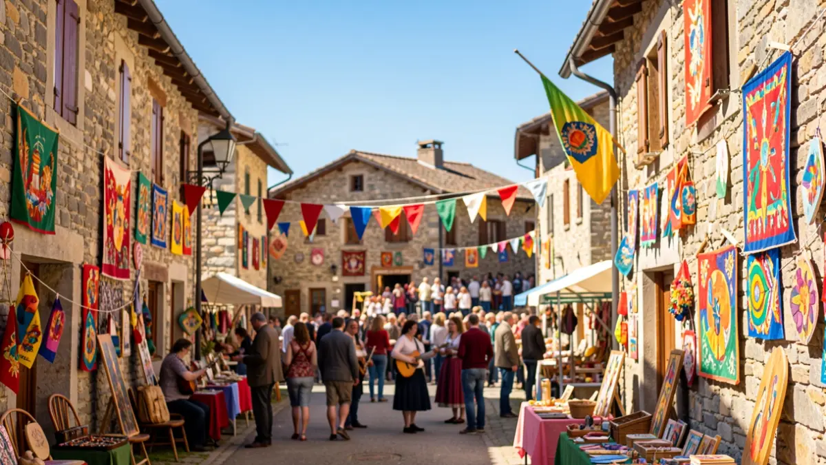 Imagen genérica de un festival cultural en un pueblo pirenaico con decoraciones y gente.