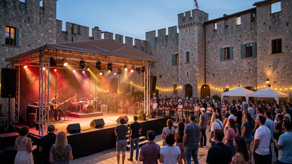 Escenari del festival F'Estiu al Castell de Calonge amb llums càlides.