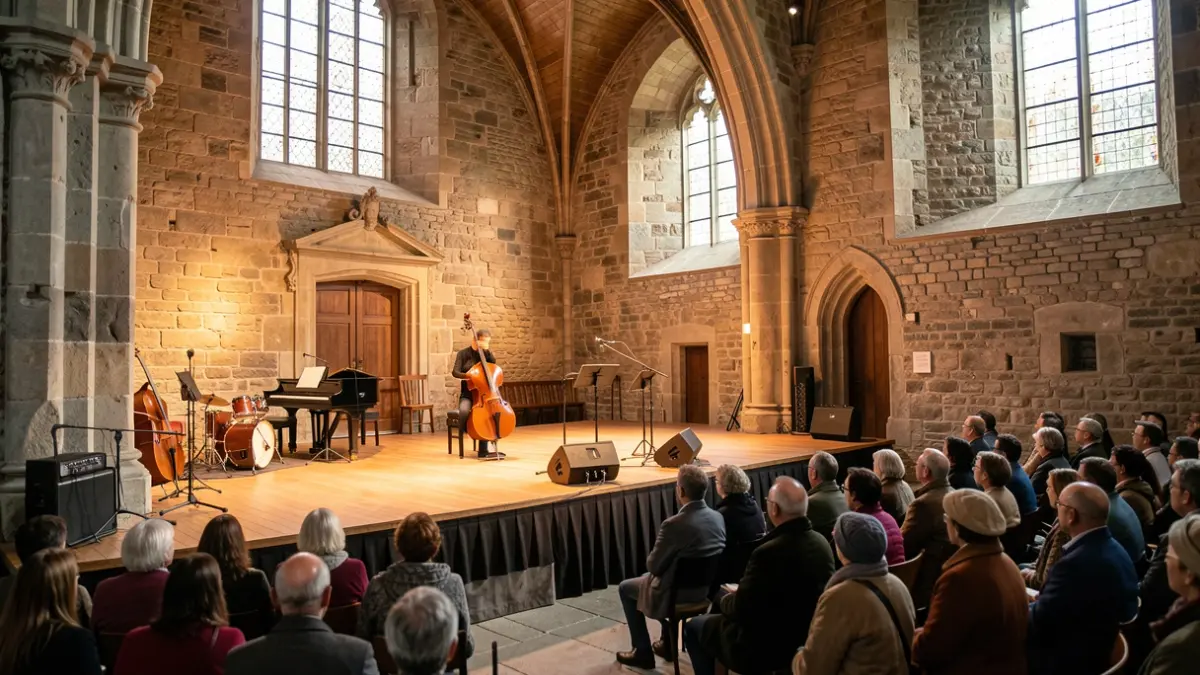 Escenario de un concierto en una iglesia de piedra en los Pirineos.