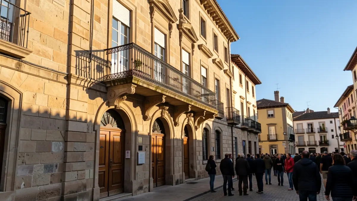 Generic image of a Catalan stone town hall facade with a balcony and iron railings, under warm afternoon light and blue sky.