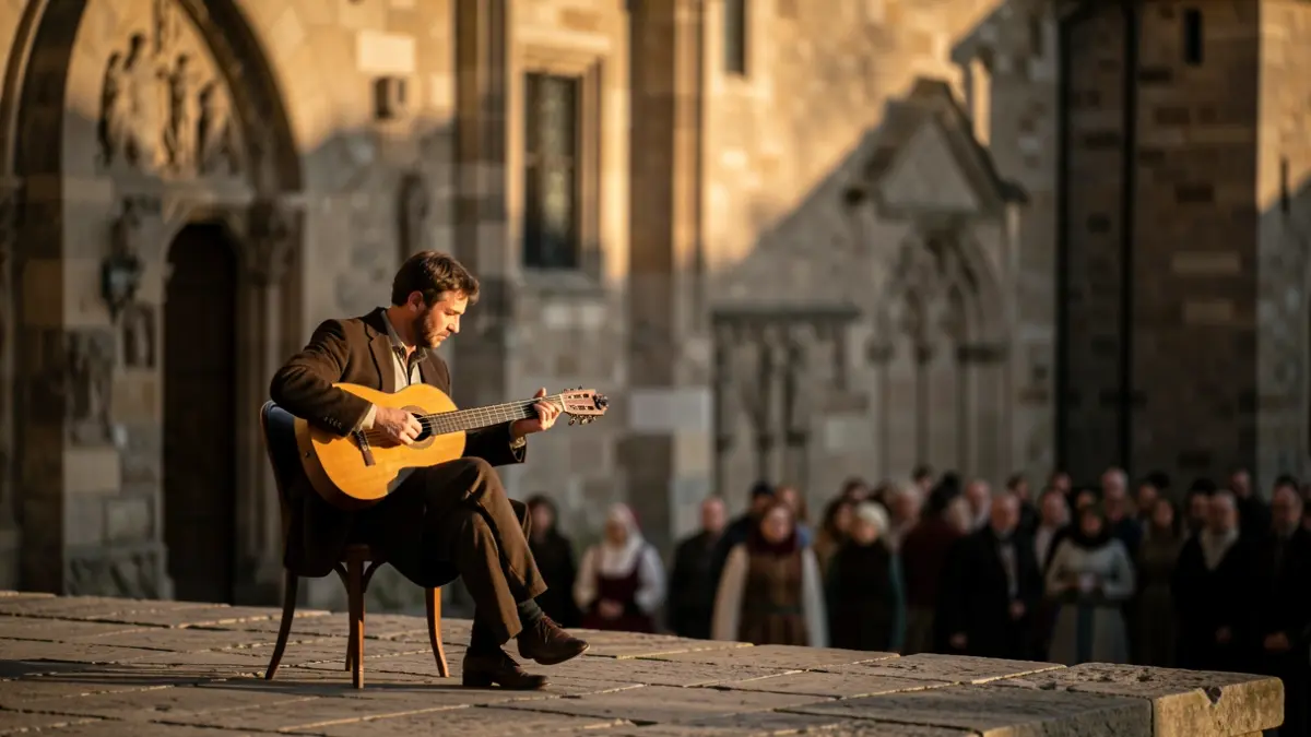 Imatge genèrica d'un músic tocant un instrument antic davant d'un monestir.