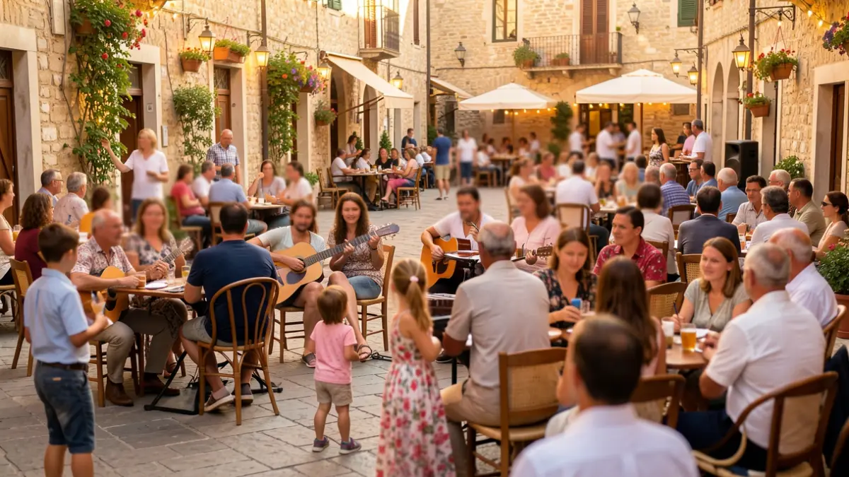 Generic image of a musical story for all ages in a Mediterranean urban setting.