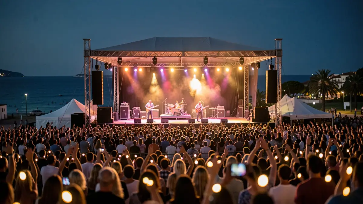 Generic image of a music festival stage in Sitges at night.