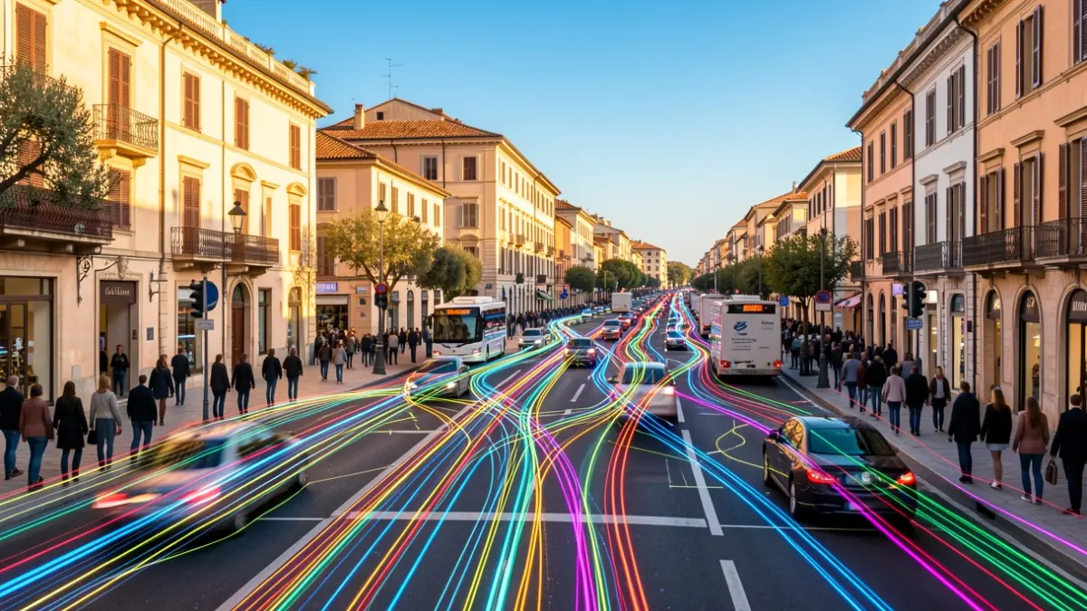 Visualització d'un bessó digital d'una xarxa viària amb flux de trànsit en temps real.
