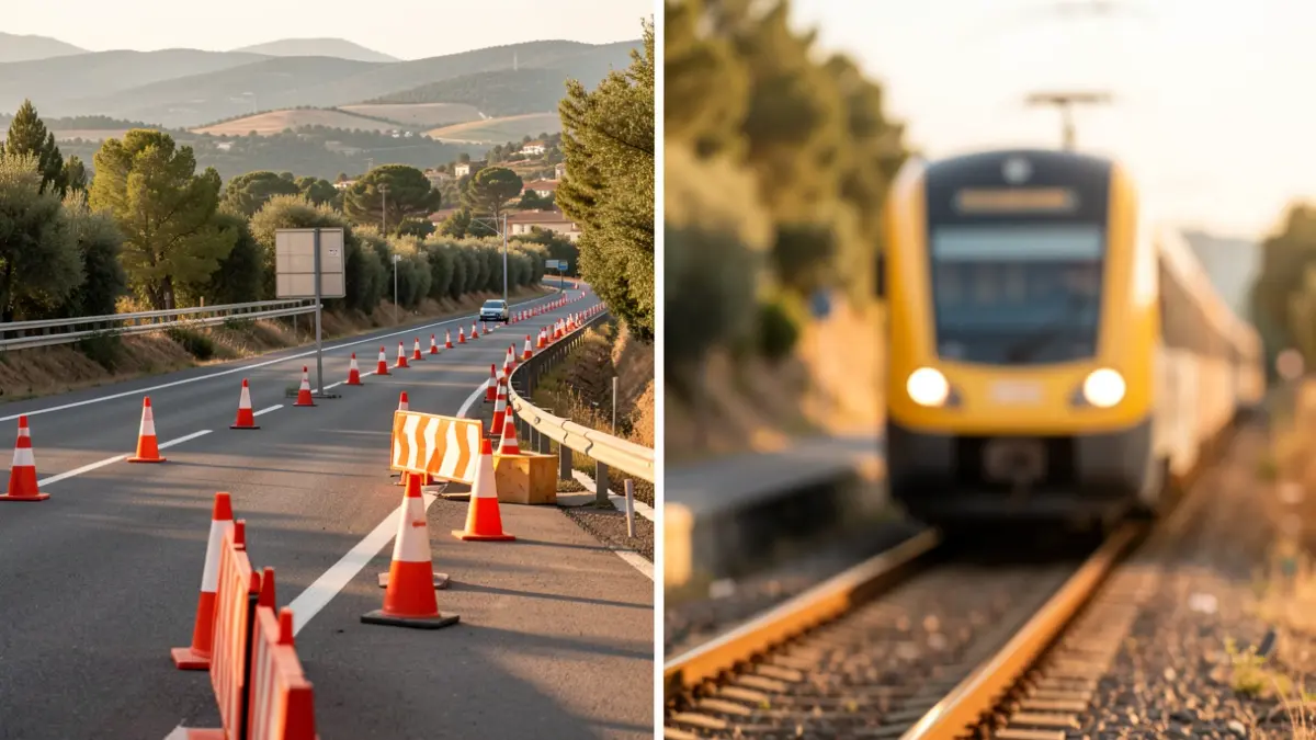 Split image showing roadworks on the N-II and a Rodalies train, symbolizing the Government's infrastructure priorities.