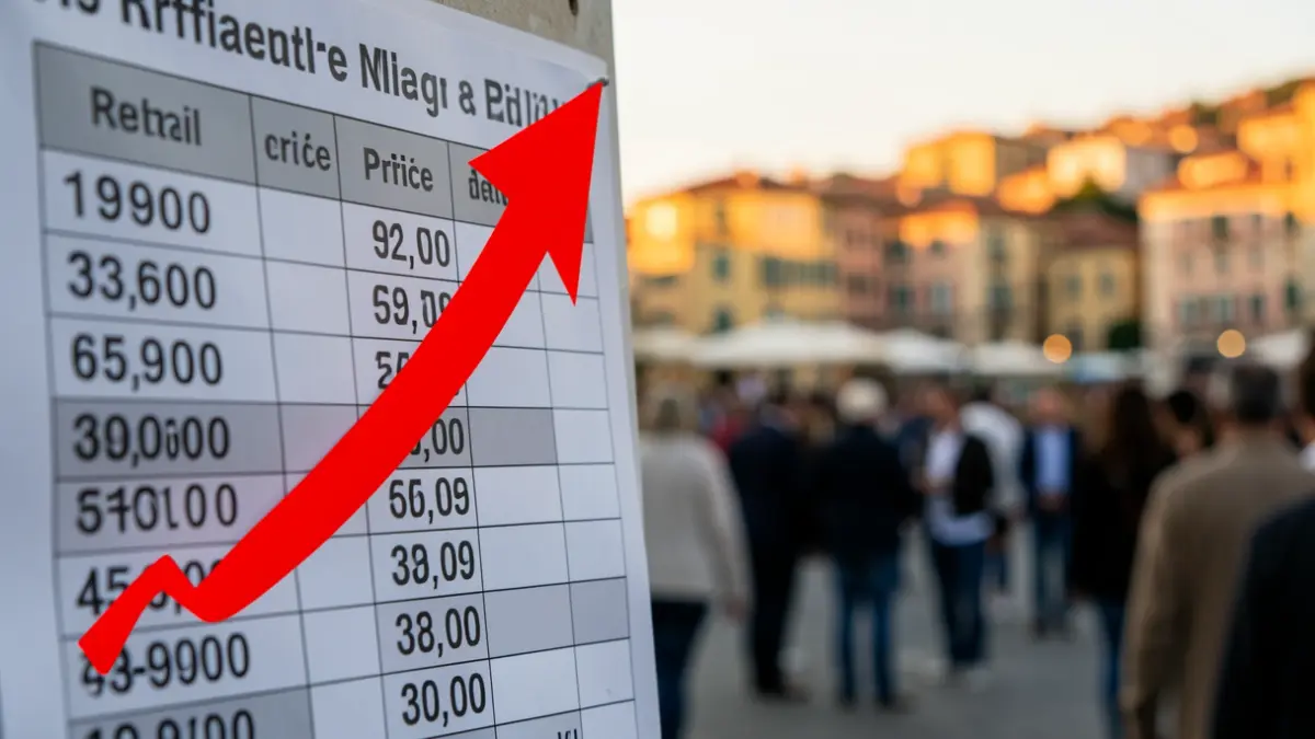 Rental price chart with upward trend and Mediterranean city in the background.