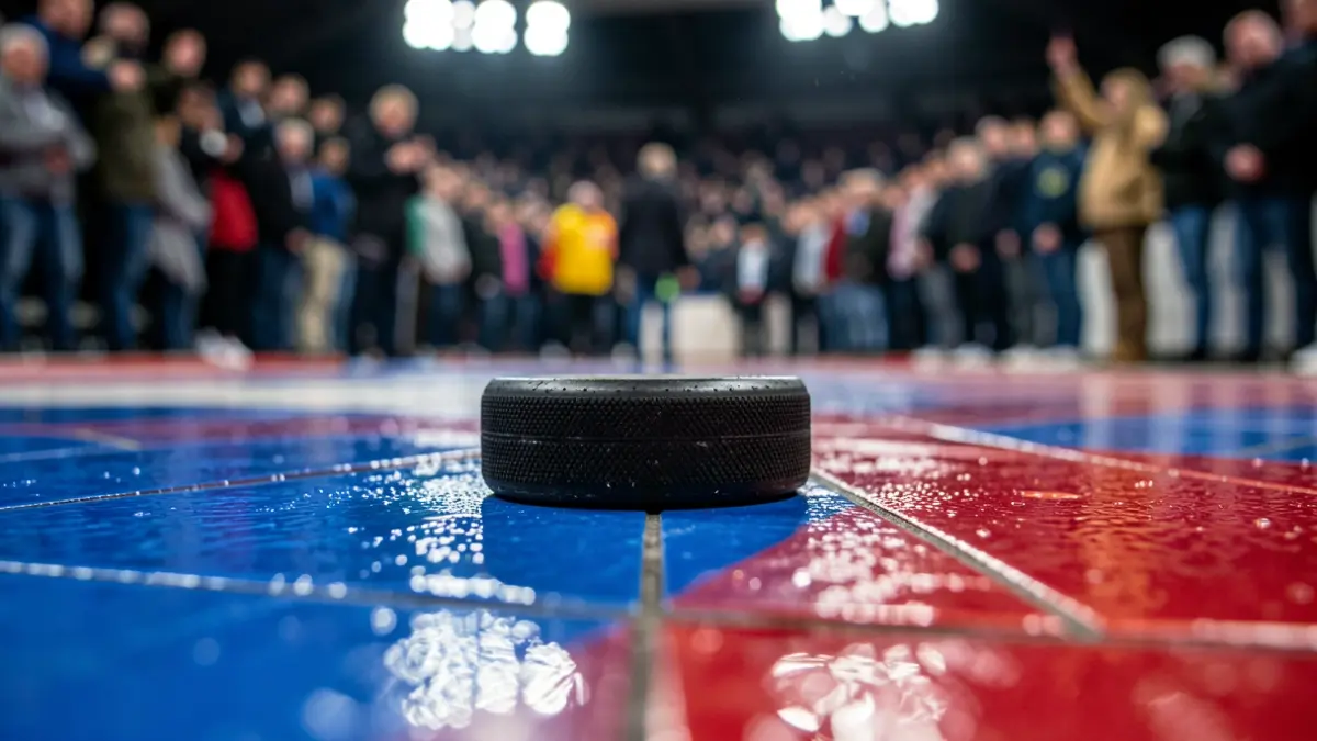 Close-up of a hockey puck on a rink floor.