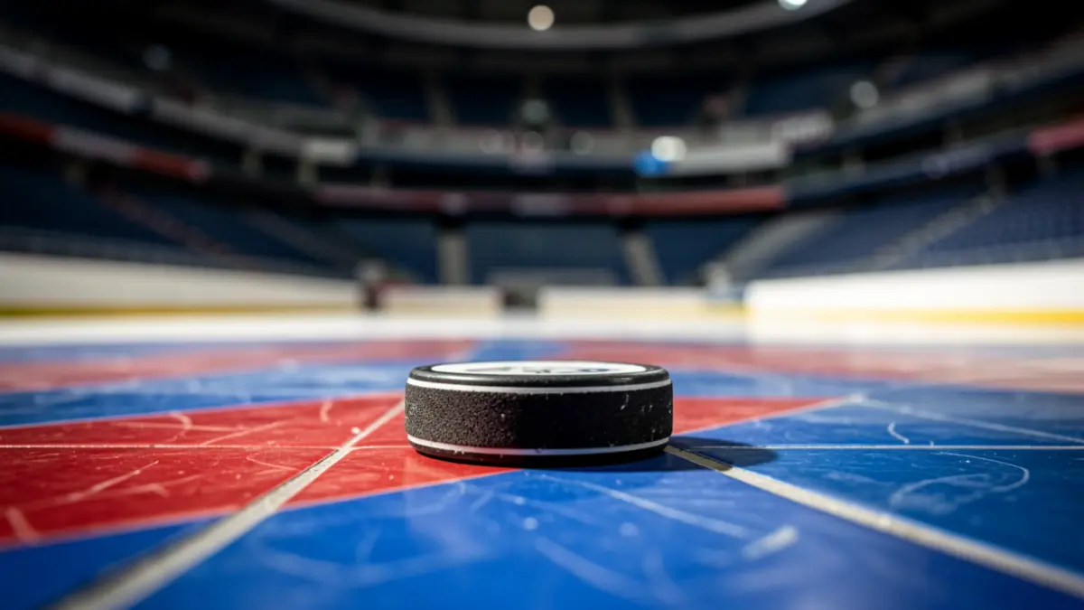 Primer pla d'un disc d'hoquei sobre patins en una pista esportiva.