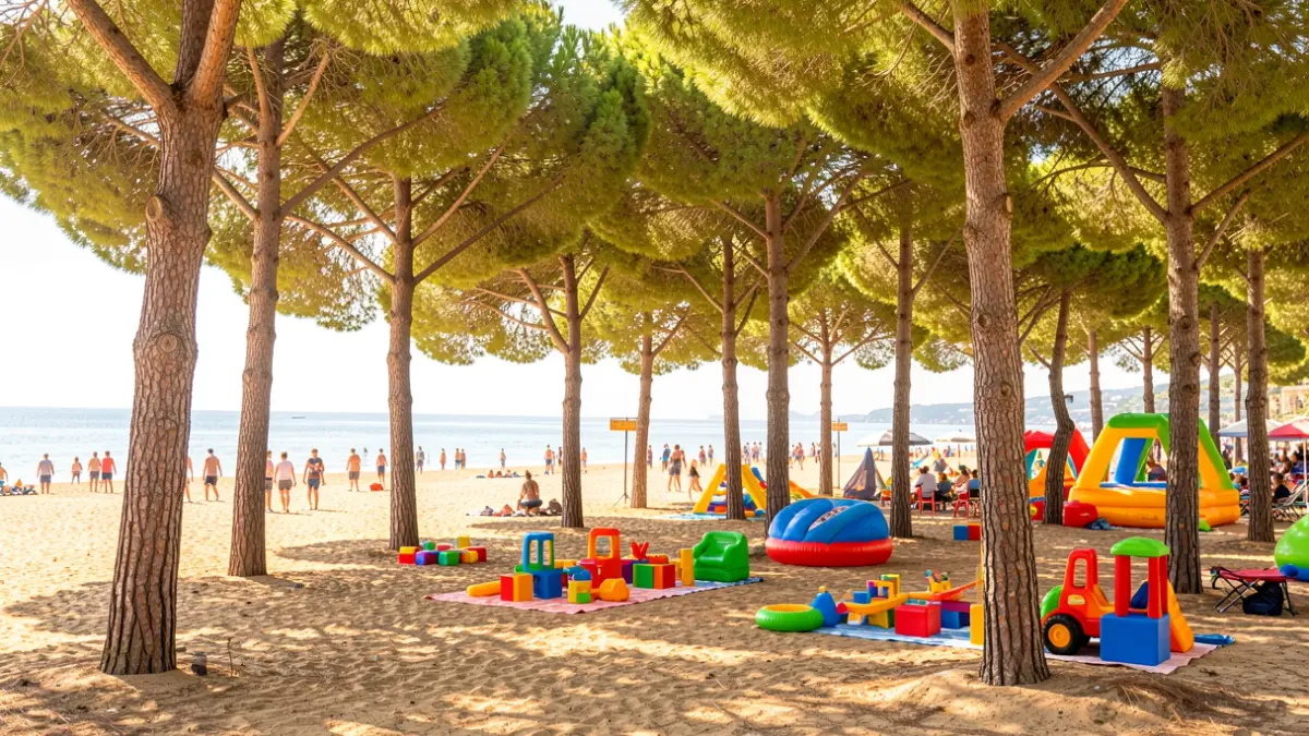 Summer children's play area in Blanes with toys and inflatables under a pine grove.