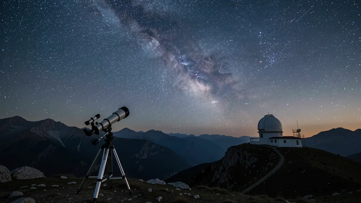 Cielo nocturno estrellado sobre el Montsec con un telescopio y un observatorio.