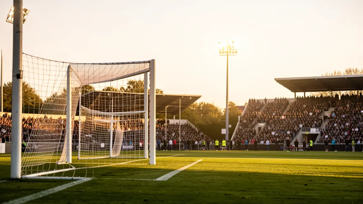 Imatge genèrica d'un camp de futbol amb llums i sol.