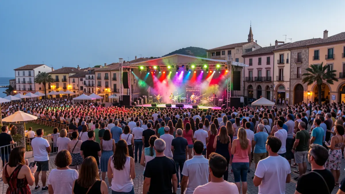 Escena de un festival de música en Calella con luces y público.