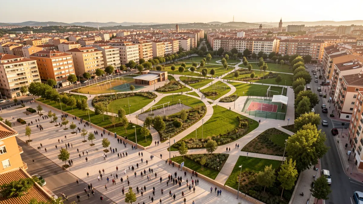 Vista aèria del nou Parc de la República a Terrassa, amb zones verdes i equipaments.