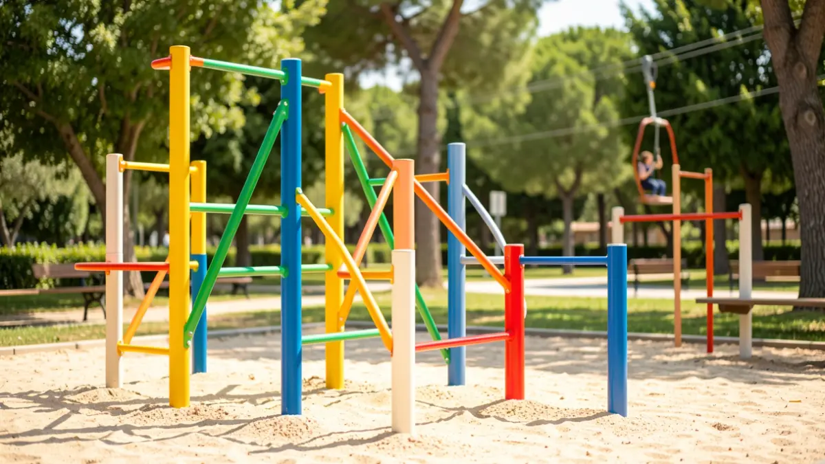 Estructuras de escalada nuevas instaladas en un parque público.