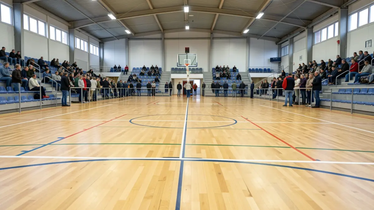 Pavelló esportiu amb parquet nou i línies de joc pintades.