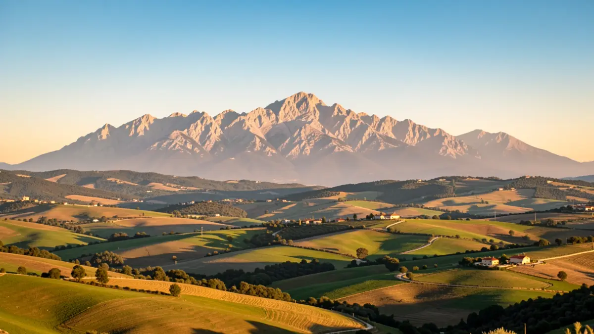 Vista panoràmica del Pirineu i les Terres de Lleida amb llum daurada.
