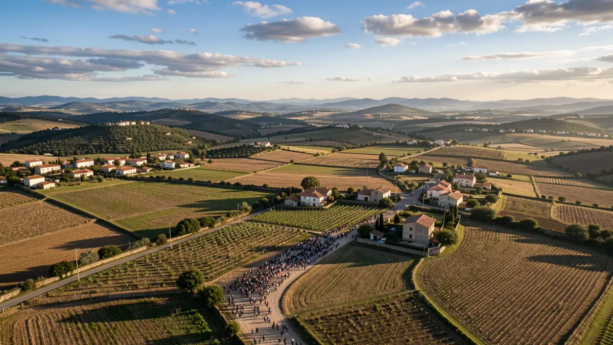 Vista aérea genérica de pueblos y campos en Terres de l'Ebre.