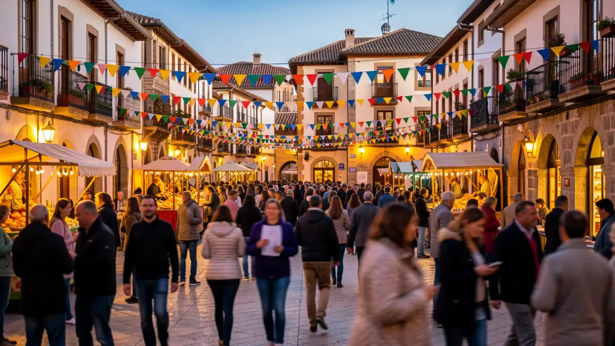 Imagen genérica de una fiesta mayor en un pueblo de Catalunya con decoraciones y gente disfrutando.