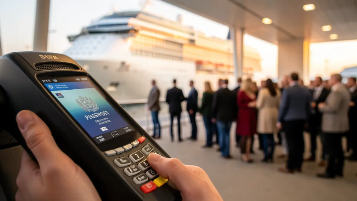 Imatge d'un passaport sent escanejat per un dispositiu biomètric en una terminal portuària.