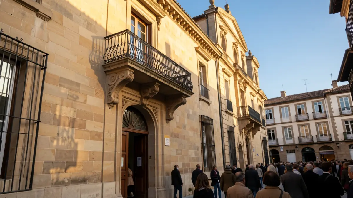 Imagen genérica de la fachada de un ayuntamiento de Catalunya con balcón y barandillas de hierro, luz cálida de tarde y cielo azul.