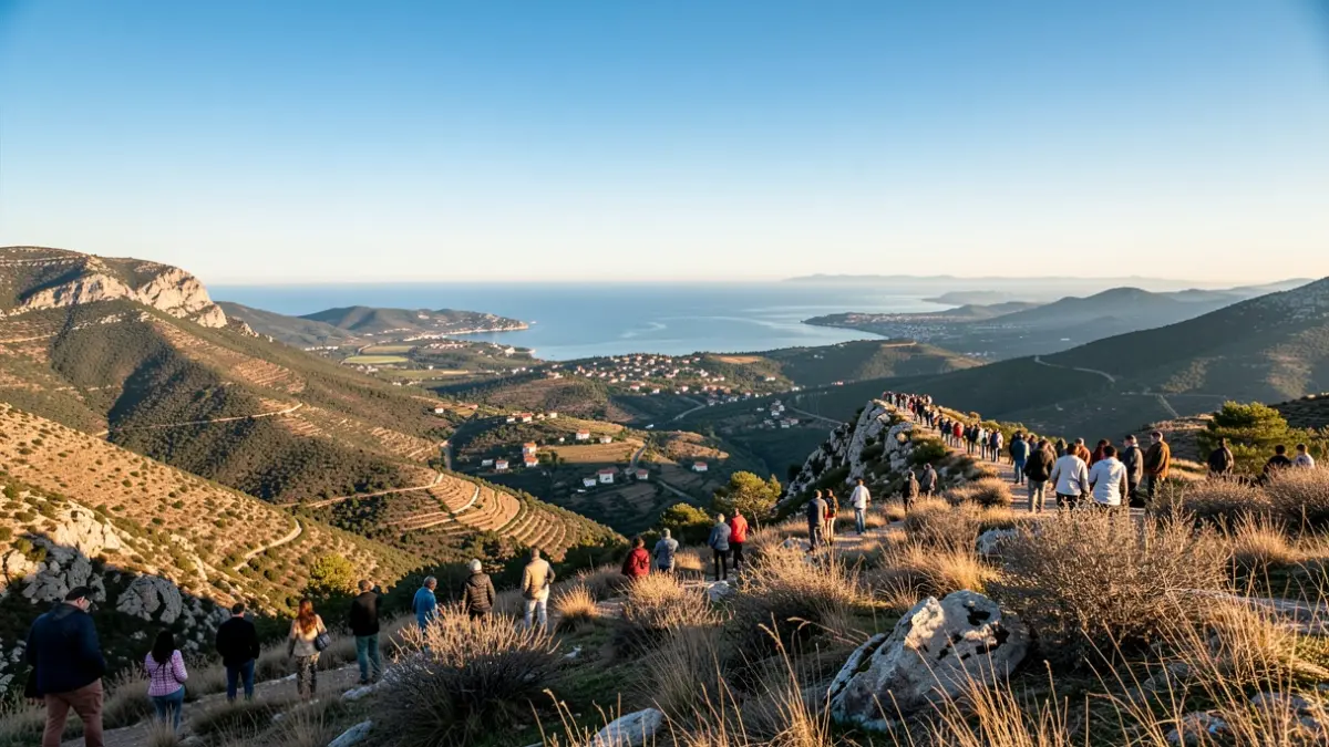 Vista panorámica desde la cima del Puig de la Creu, con el Vallès y el mar en el horizonte.