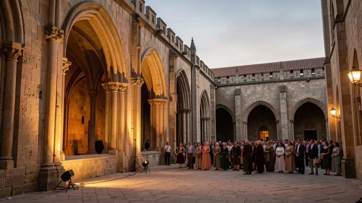 Claustro de la Catedral de la Seu d'Urgell con iluminación escénica.