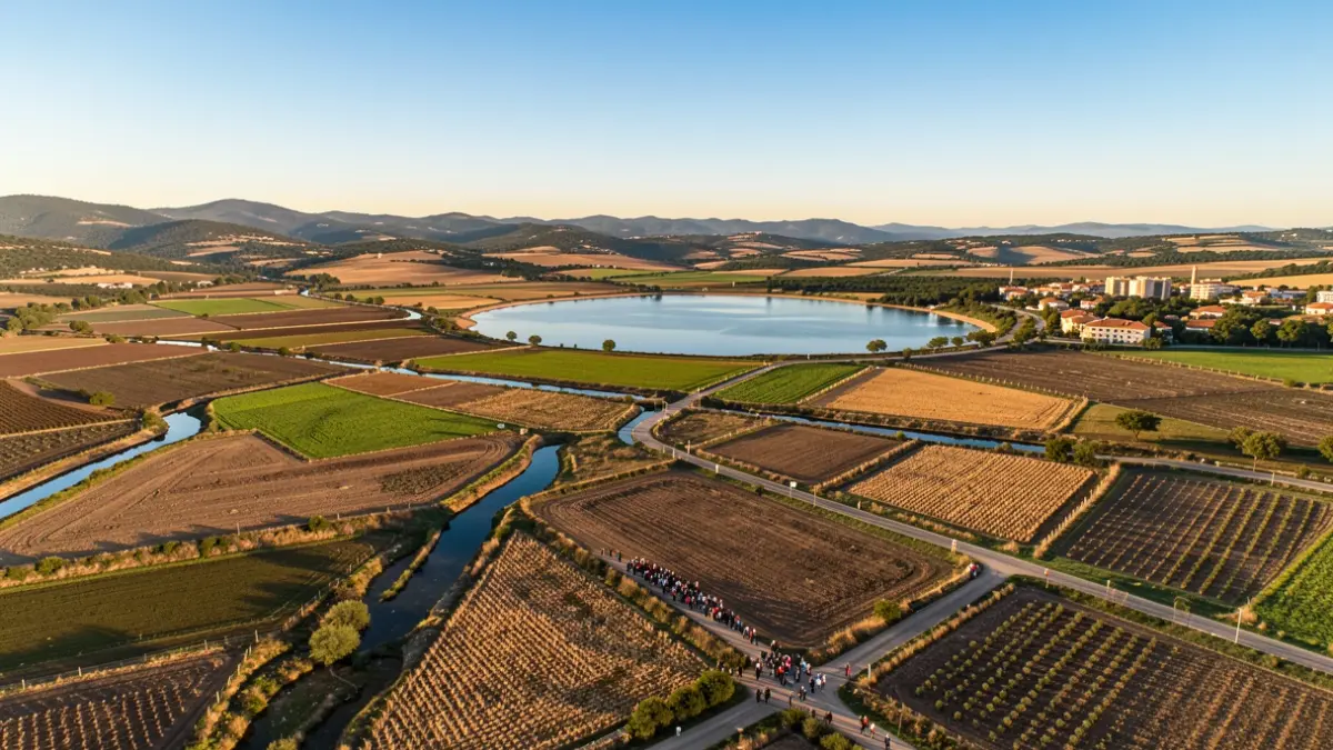 Aerial view of irrigation channels and agricultural fields in the Mediterranean landscape of Catalunya, with a reservoir in the background.