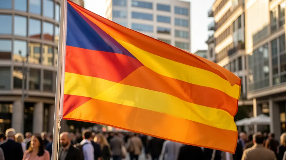 Bandera catalana ondeando frente a edificios de oficinas en Cataluña.